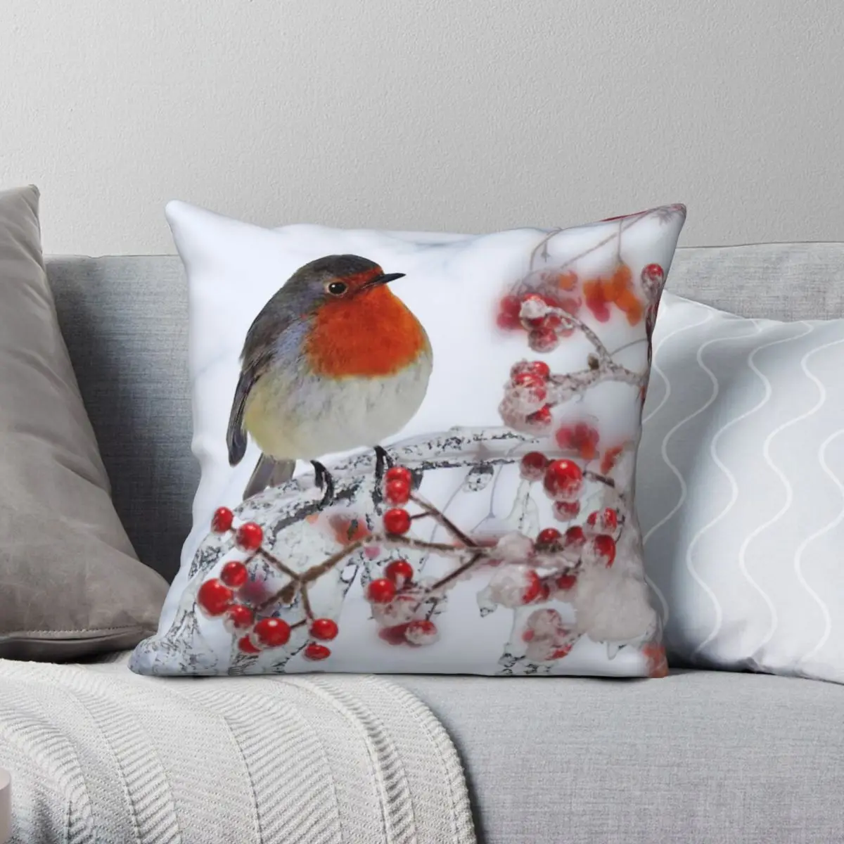 Robin Red Breast In Winter Square Pillowcase Polyester Linen Velvet Creative Zip Decorative Sofa Seater Cushion Cover