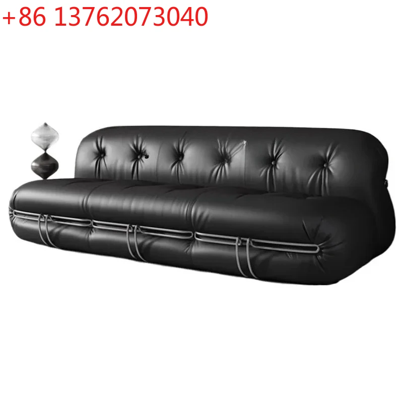 

TQH minimalist steel tooth sofa living room leather sofa first layer cowhide straight row black sofa