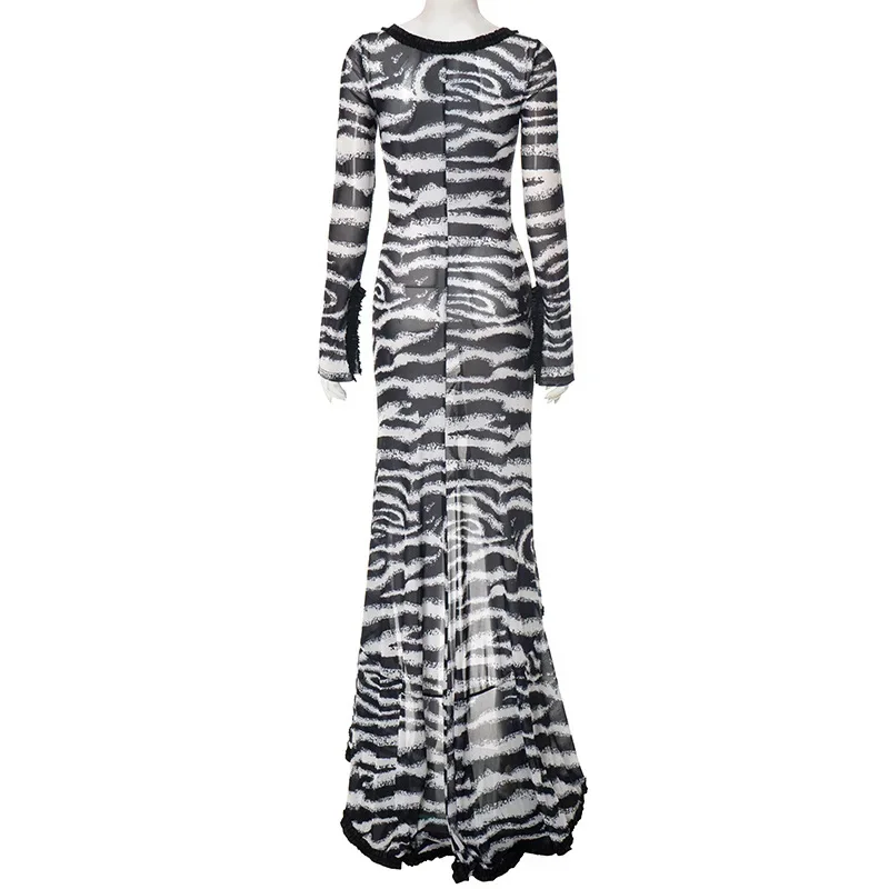 Sehen Durch Mesh Zebra Streifen Rüschen Split Bodycon Maxi Kleid Frauen Sexy Aushöhlen V-ausschnitt Volle Hülse Party Lange Robe Vestido