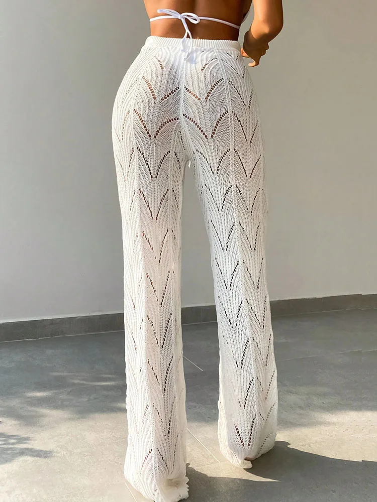 Women's White High Waist Crochet Wide Leg Pants Hollow Out Knit Trousers Summer Beach Vacation Cover Up