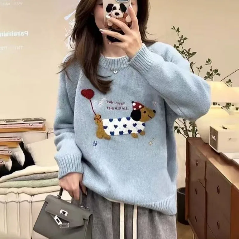 Korean Blue Puppy Towel Embroidered Raccoon Velvet Sweater for Women in Autumn and Winter Loose Outerwear Knitted Top