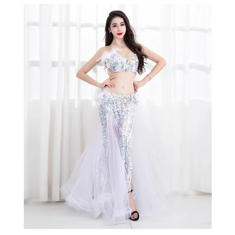 Customized high-end women\'s white sexy sequin bra, fish tail long dress, Eastern belly dance practice performance set