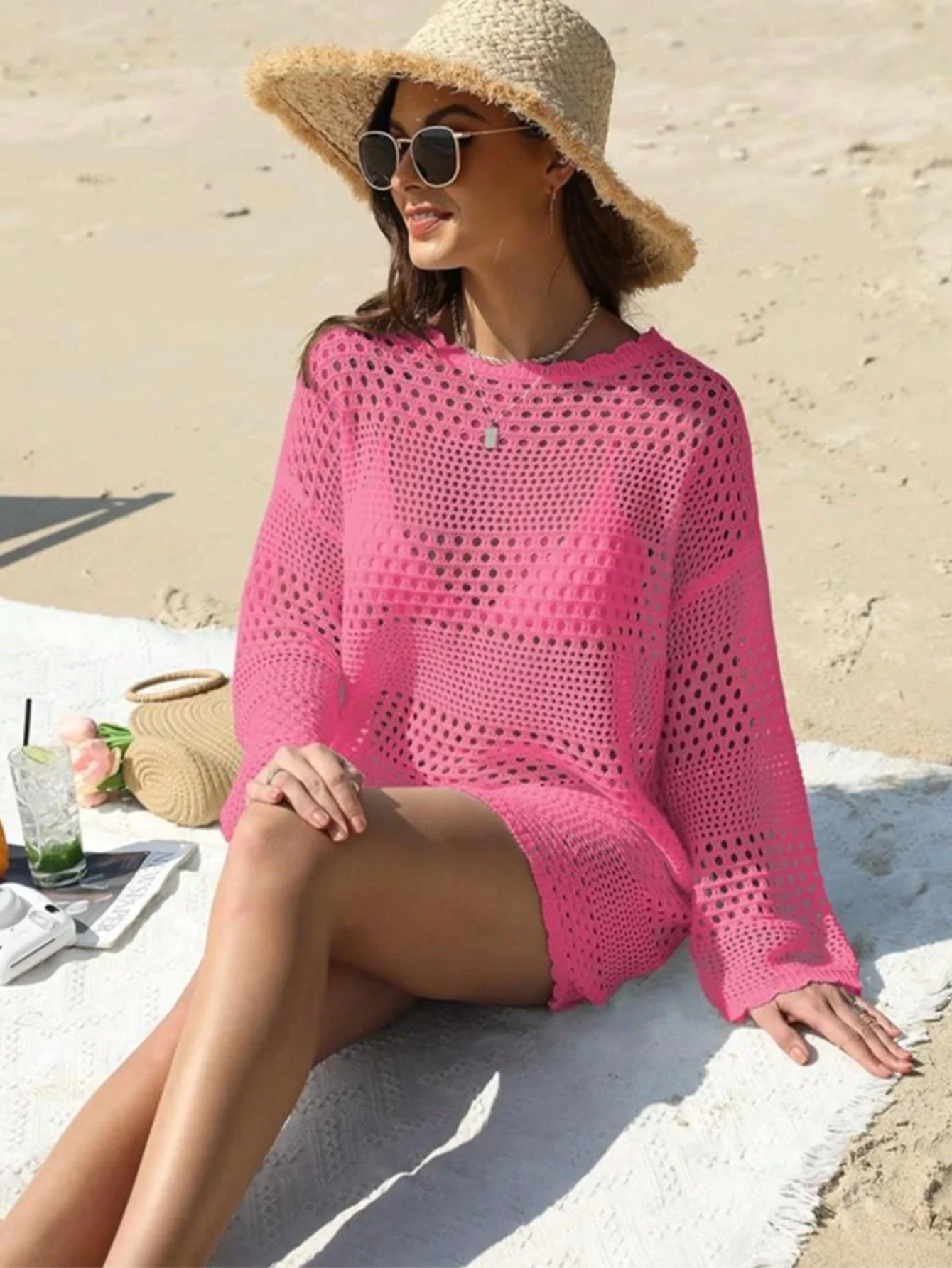 

Женское пляжное платье-накидка розового цвета с ажурной вязкой, пляжная накидка для отпуска
