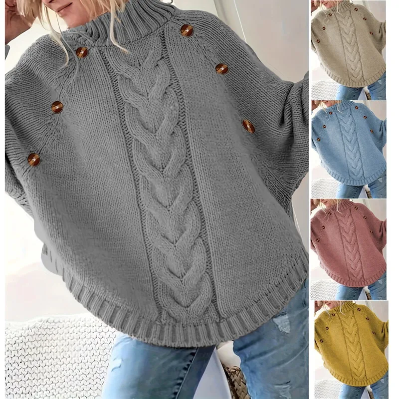 Autumn And Winter Sweater Loose Semi-turtleneck Knitted Sweater Solid Color Twist Jacket