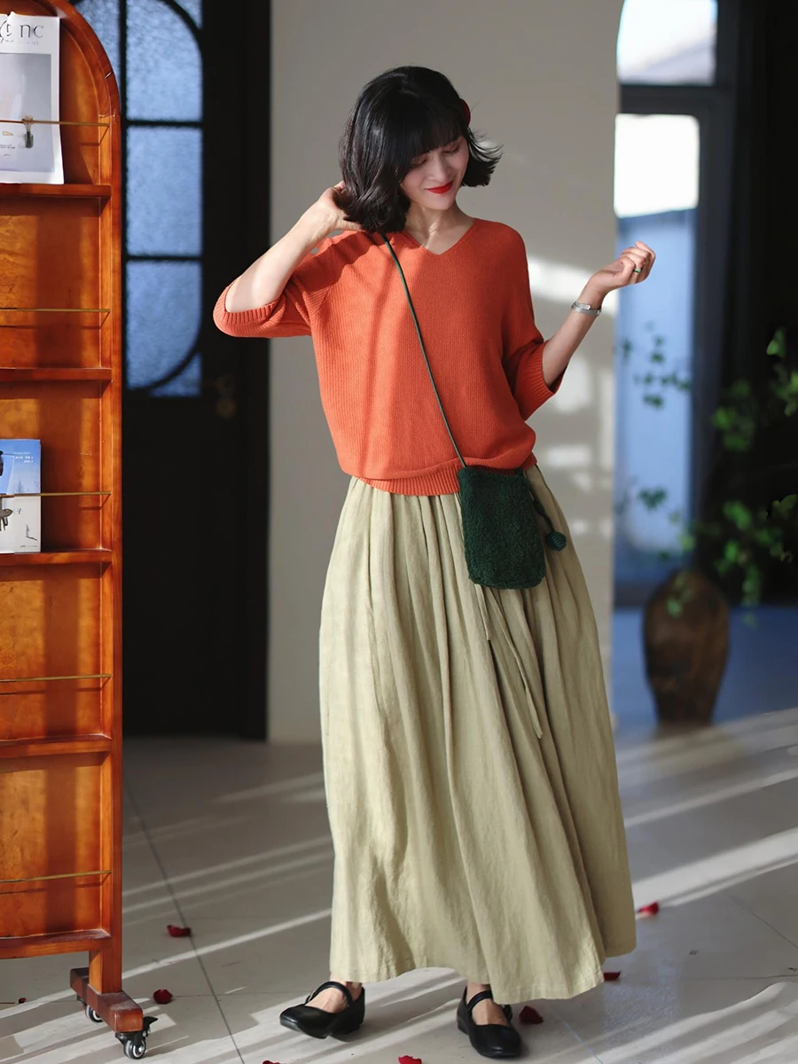 

Original Mokedai Spring 2026 Women's Long A-Line Skirt Fre Casual Linen Midi Skirt Commute Sle Pure Color mid Waist
