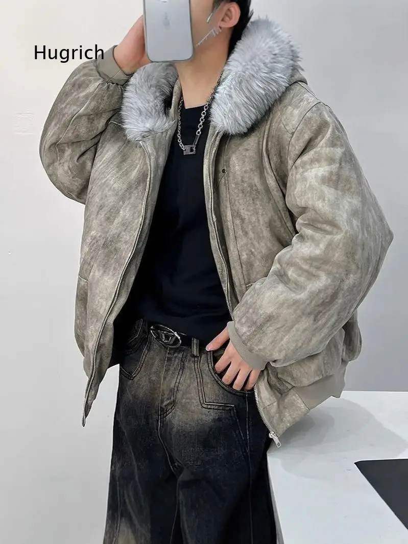 Mens Hooded Cotton Coat With Faux Fur Collar Tie Dye Design Thickened Warm Outerwear Fashion Winter Jacket For Street Style Dai