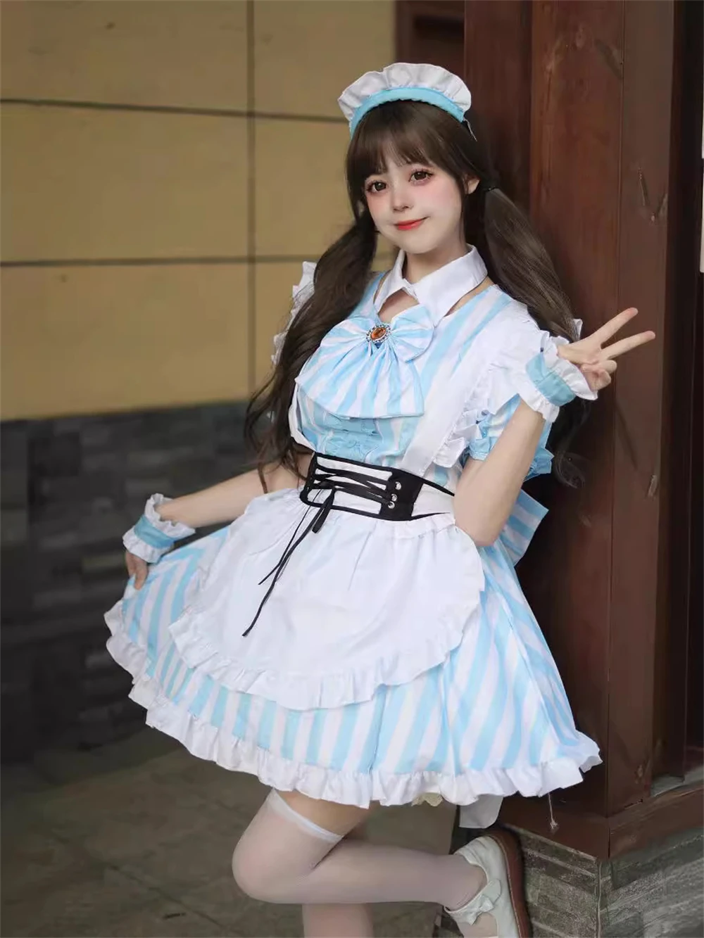 Japanese Style Sweet Blue White Striped Maid Dress Cosplay Anime Maidservant Uniform Outfits Girl Kawaii Lolita Waitress Costume