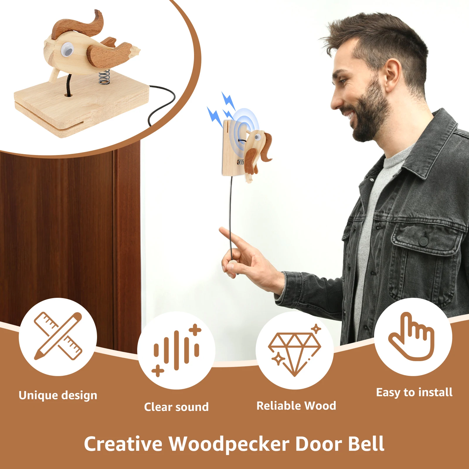 2Pcs Woodpecker Knockers Handmade Woodpecker Doorbell Wood Woodpecker Door Knocker Creative Woodpecker Door Bell Unique Wooden