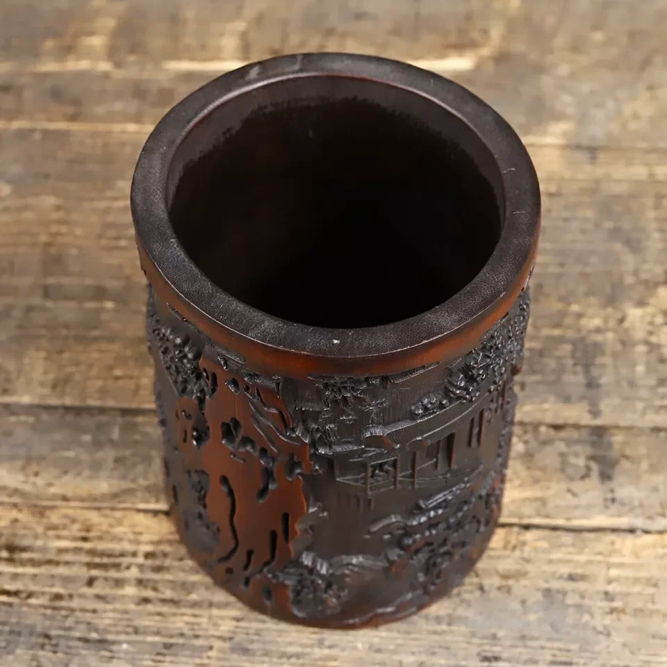 Antique Chinese Old Bamboo Carved Pavilion Scenery Brush Pot Collection Office Supplies