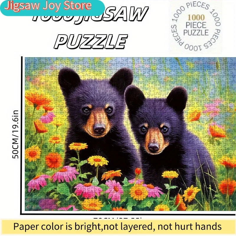 ปริศนากระดาษ DIY - หมีดำแสนน่ารักในทุ่งดอกไม้ วัสดุการ์ดสีขาวคุณภาพสูง เหมาะสำหรับเกมครอบครัว ตกแต่งบ้าน