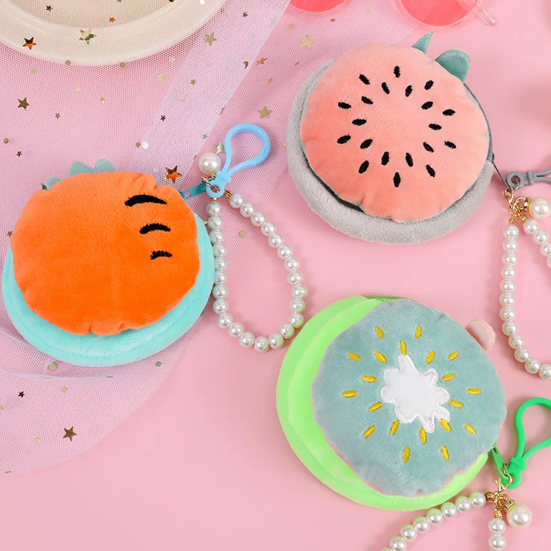 Cute Beaded Chain Fruit Shape Plush Coin Purse Watermelon Pineapple Orange Strawberry Purse Bag Pendant Kids Coin Pouch Wallet