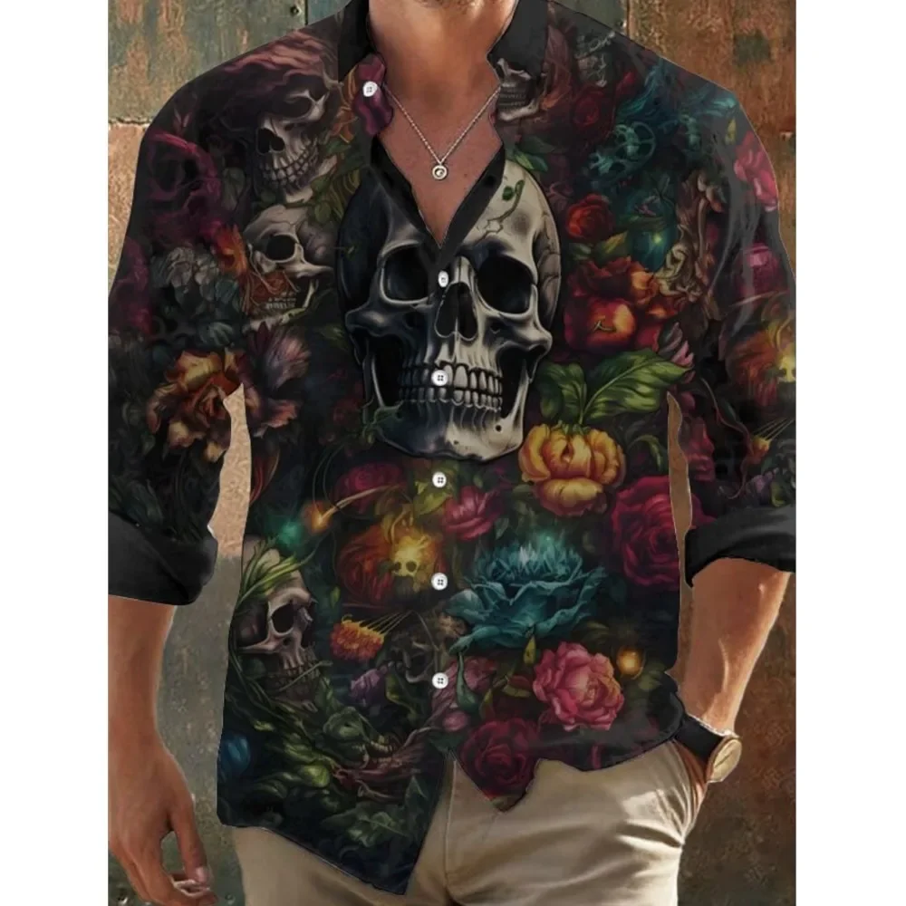New Men's Vintage Dark 3D Prints Long Sleeve Shirts-Skull Prints Black Tops Regular Fit,Lapel Collar, Polyester Blend Streetwear