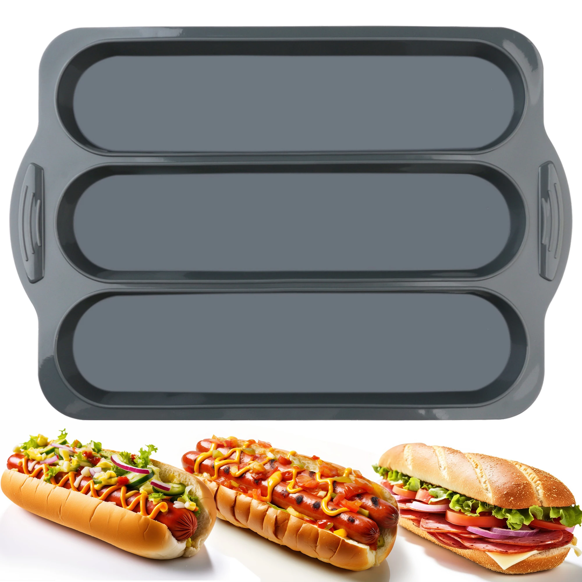 1 Pack Silicone French Bread Hot Dog Baking Tray, Rectangular Dark Gray Baking Tray Mold for Bread, Hamburgers, Hot Dogs