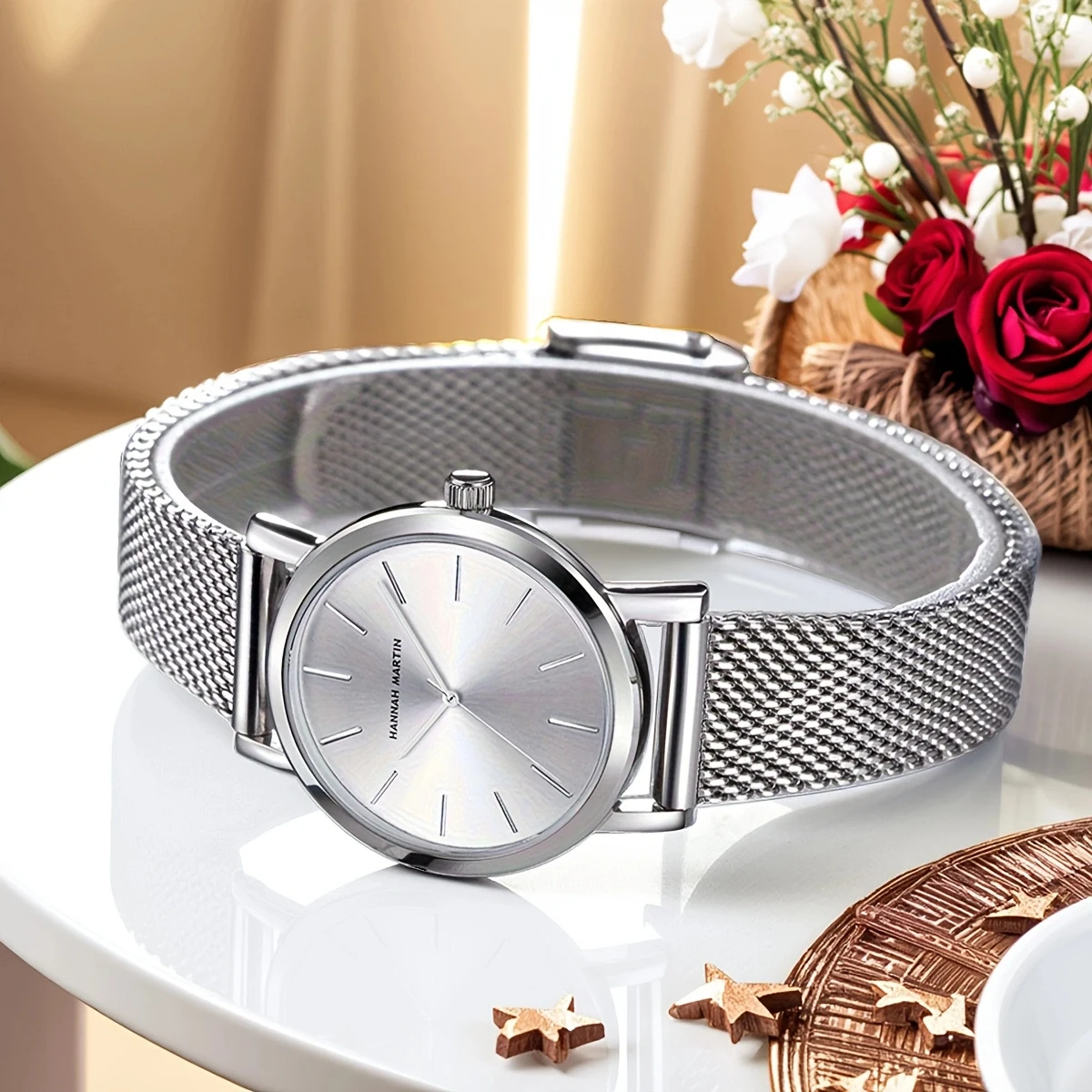 Hannah Martin 1 Set Watch 36mm Minimalist Dial Japanese Quartz Movement Milan Stainless Steel Mesh Strap Rose Gold Women Watches