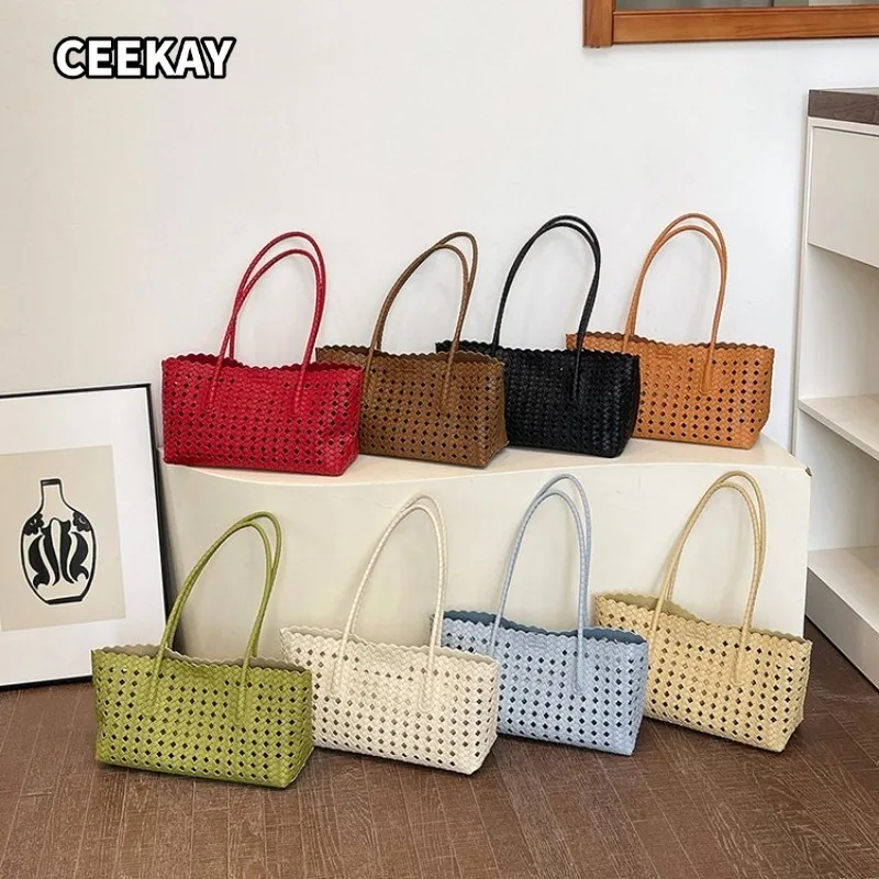 CEEKAY Women's Tote Bag Orange Woven Faux Leather Large Shoulder Handbag with Zipper Pouch Set Summer Beach Vacation Fashion