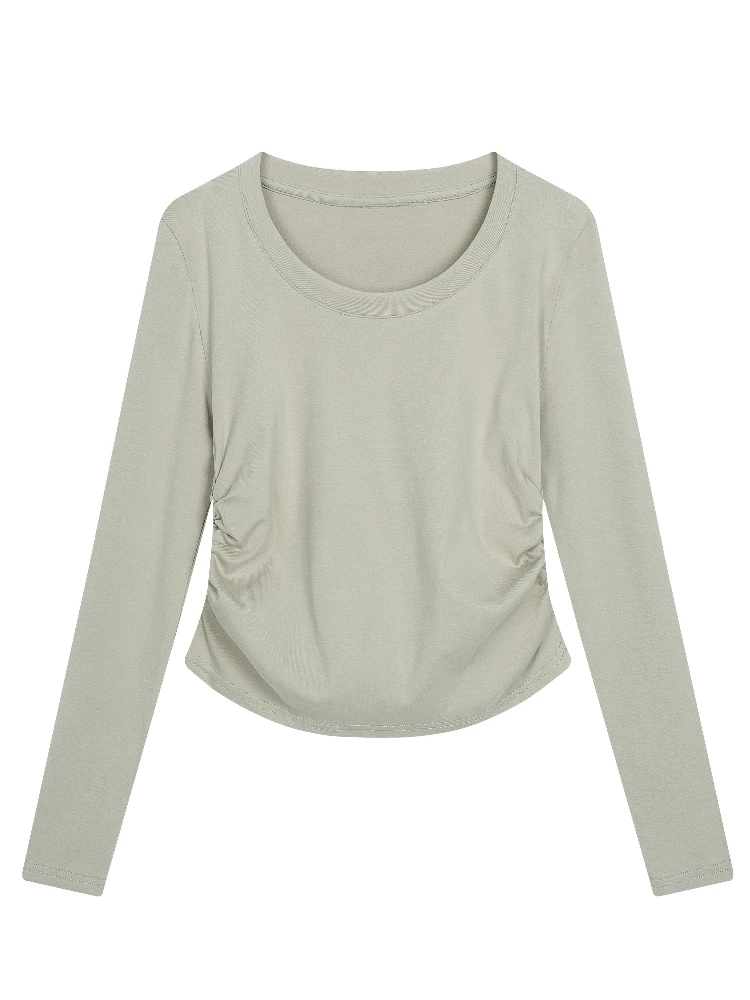 2026 Autumn Winter Women T-Shirt Long Sleeve O-Neck Slim Side Pleats Solid Versatile Tee Korean Style Simple Base Layer Tops