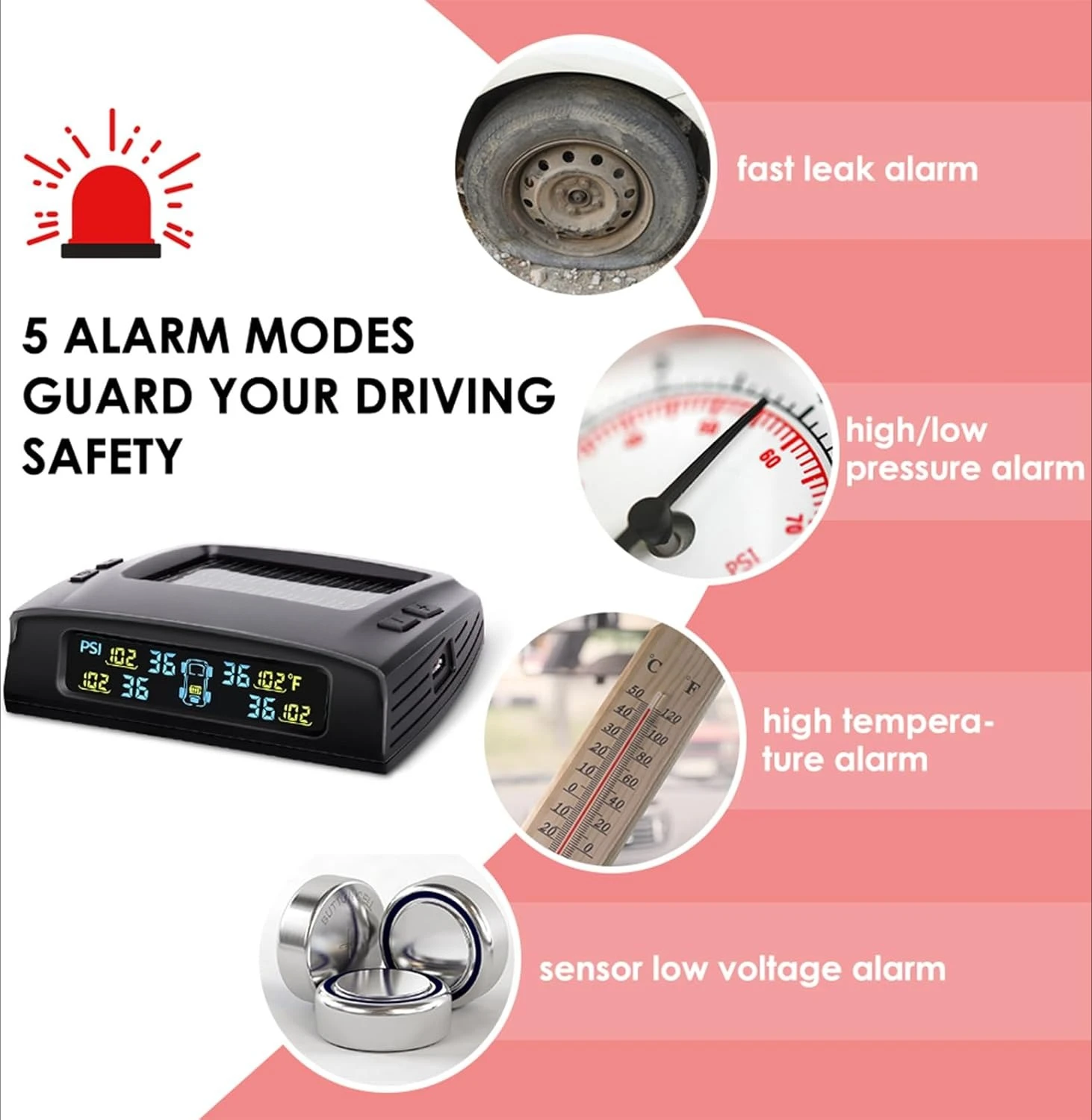 

RV Tire Pressure Monitoring System, Tire Pressure Monitor System with Solar Charge, Trailer TPMS with 4 Sensors & 5 Alarm Modes