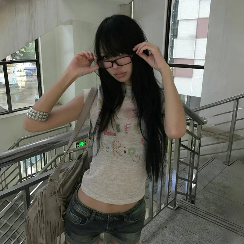 Karrram اليابانية Y2k إلكتروني طباعة محبوك تي شيرت خمر Harajuku المحاصيل الأعلى 2000s نمط قصير الأكمام تي شيرت الأمريكية الرجعية