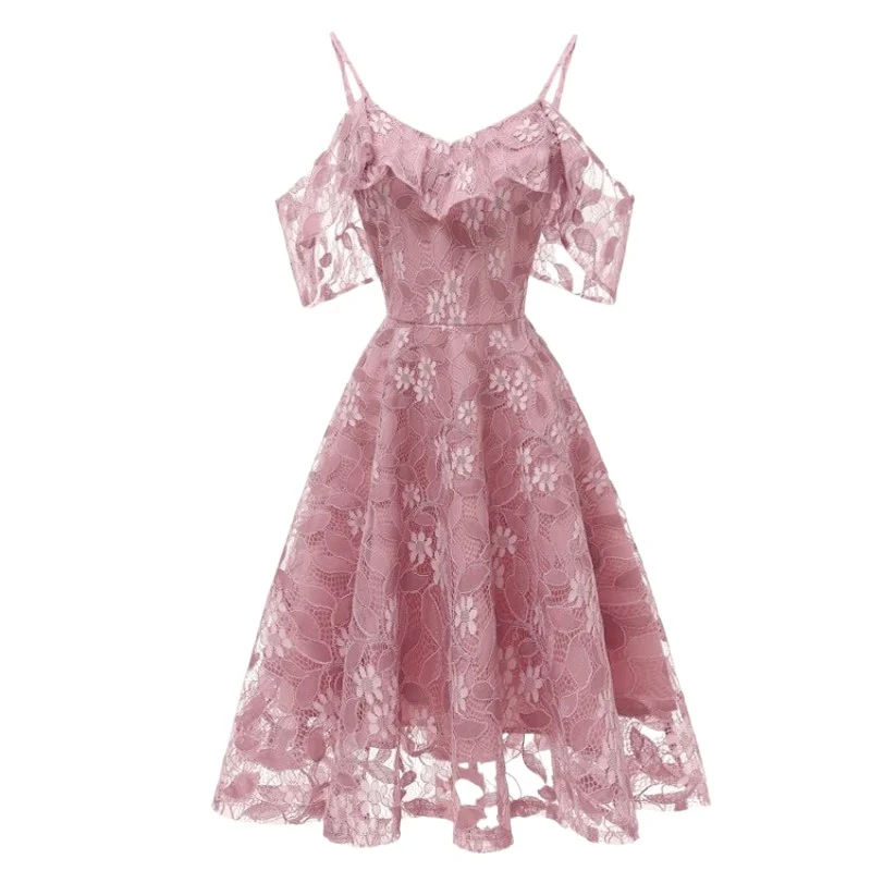 

2025 New Vintage Sexy Lace Trim Sleeveless V-Neck Midi Dress Retro Strap Lace Sleeve Dress Summer Slim Fit A- Line Women Dresses