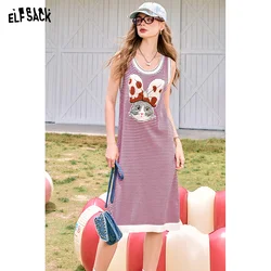 ELFSACK 2024 Summer New Arrivals Pink rabbit patch embroidery cute style striped sleeveless age-reducing vest dress for women