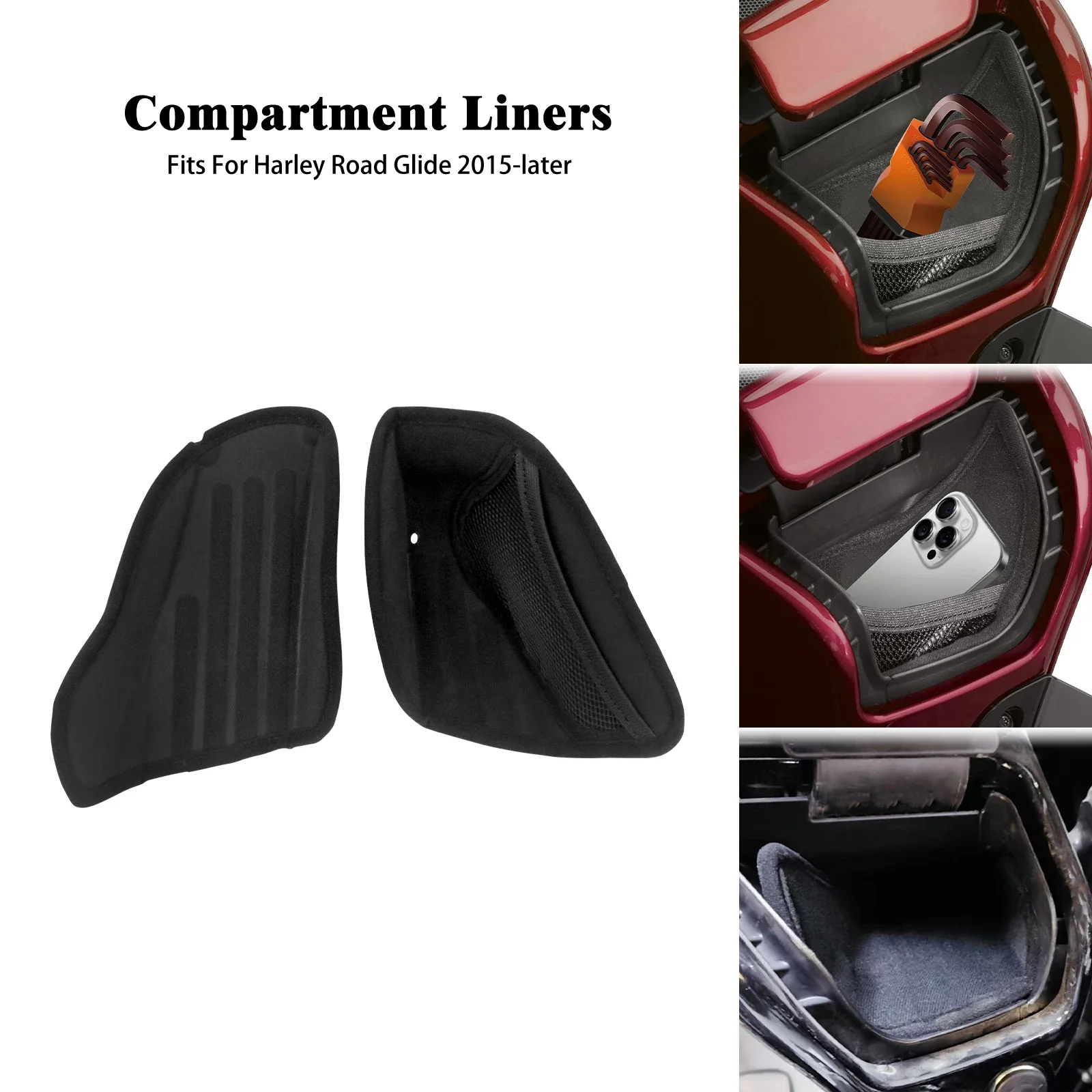 

Motorcycle 2PCS Compartment Liners With Storage Net Tool Box Inner Liners For Harley Touring Road Glide FLTRX FLTRK 2015-Later