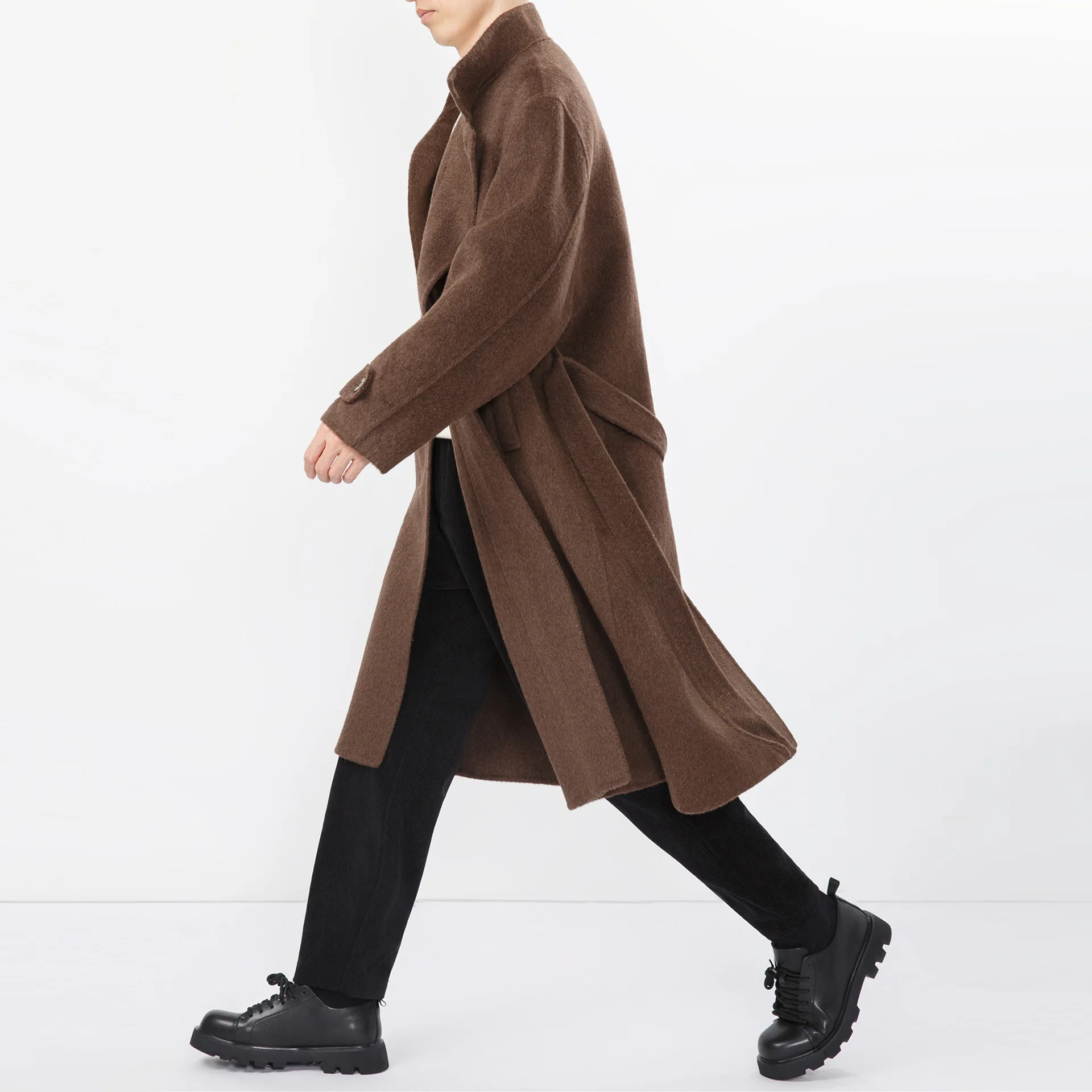 Men 100% Wool Light Autumn Winter Woolen Coat Long Collar Trench Coat