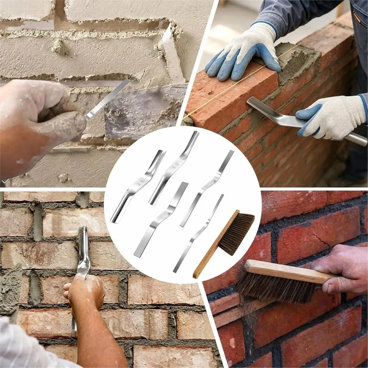 6 Pack Double Ended Brick Jointer and TuckPointer Set with Masonry Brush,Heavy Duty Masonry Tools for Mortar Repointing