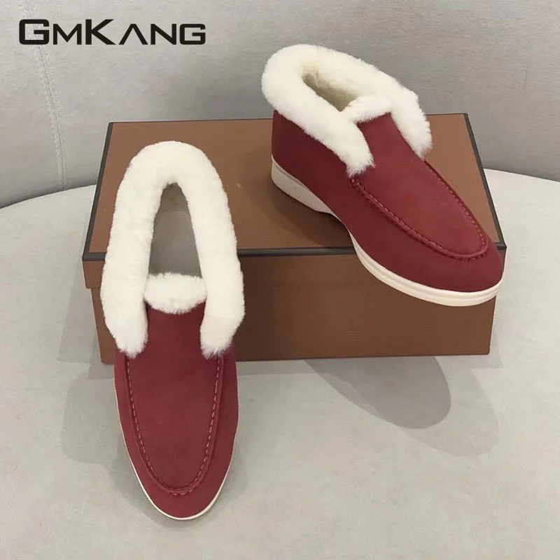 Winter High Top Fur Snow Boots Women Men Kid Suede Wool Warm Comfy Slip-On Walk Flat Shoes Ankle Boots Female Plus Size 35-45