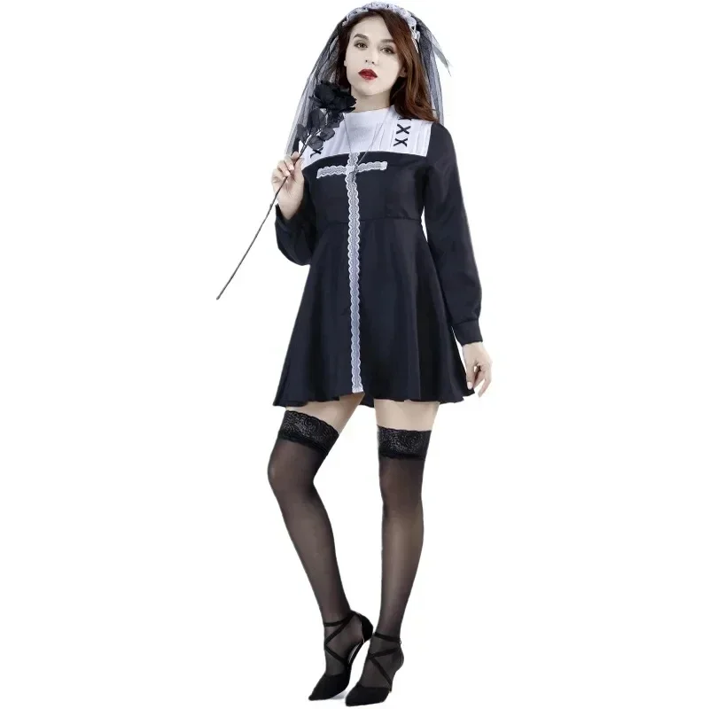 

Black Adult Women Halloween Sister Nun Costumes Female Missionary Cosplay Carnival Purim Parade Stage Show Role Play Party Dress