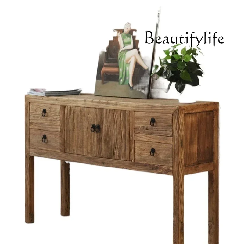 Old Elm Entrance Cabinet Simple High Leg Console Tables Weathering Pattern Quiet Style Simple Strip Console Table
