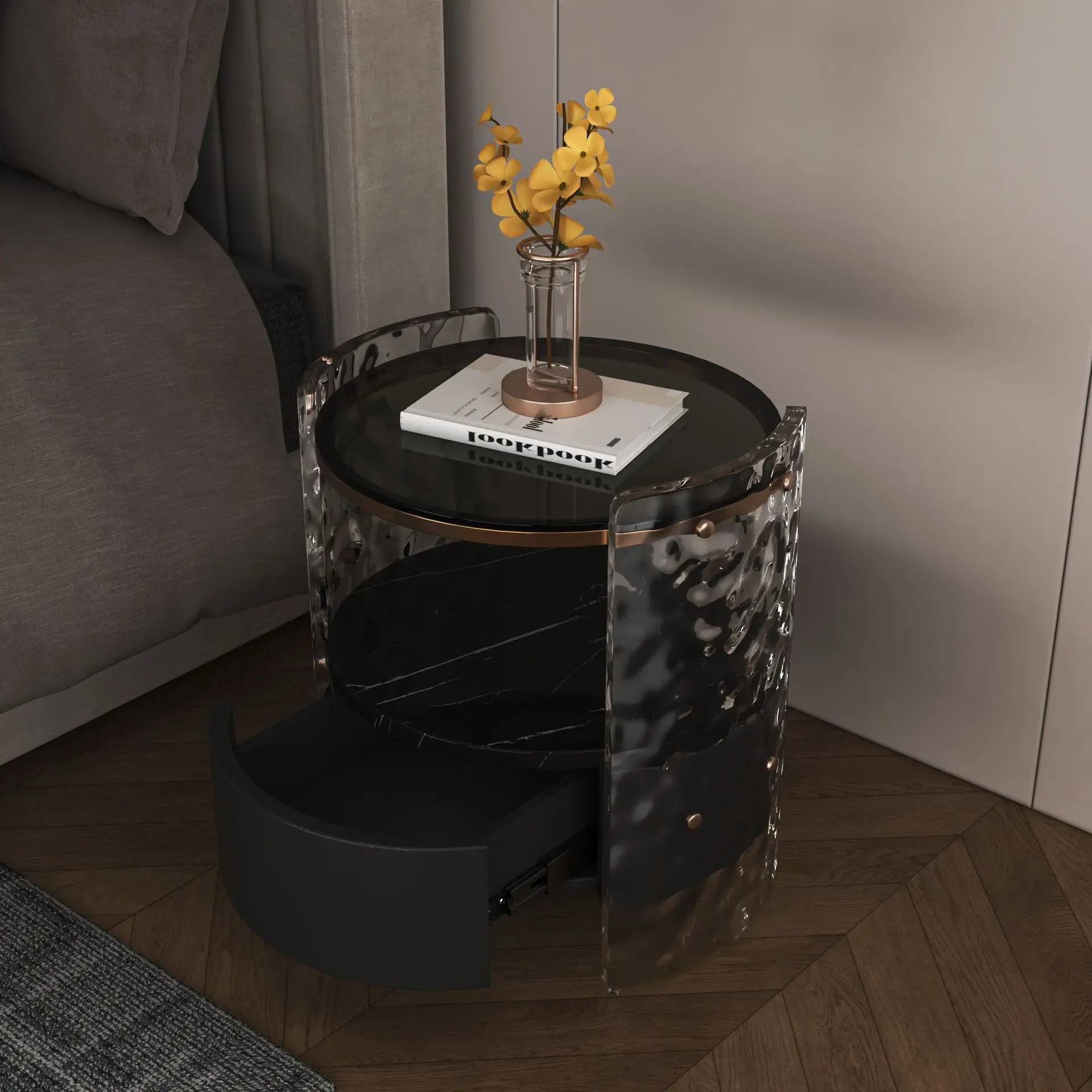 Solid wood nightstand, designer round bedroom storage cabinet, storage cabinet, solid wood nightstand