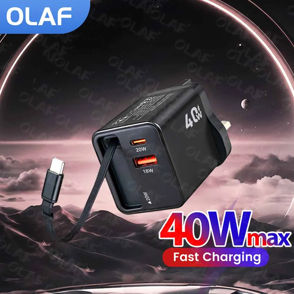 

40W PD Fast Charger With Retractable USB C Cable GaN Charger Adapter For iPhone 15 16 Samsung Xiaom Laptop Macbook Wall Charger