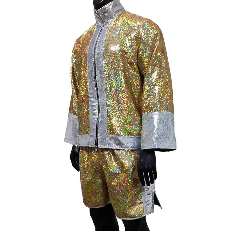 Shiny Boxing Entrance Outfit Set Gold Sequin Zipper Jacket Matching Shorts Men Ring Walk Costume for Kickboxing Competition Show