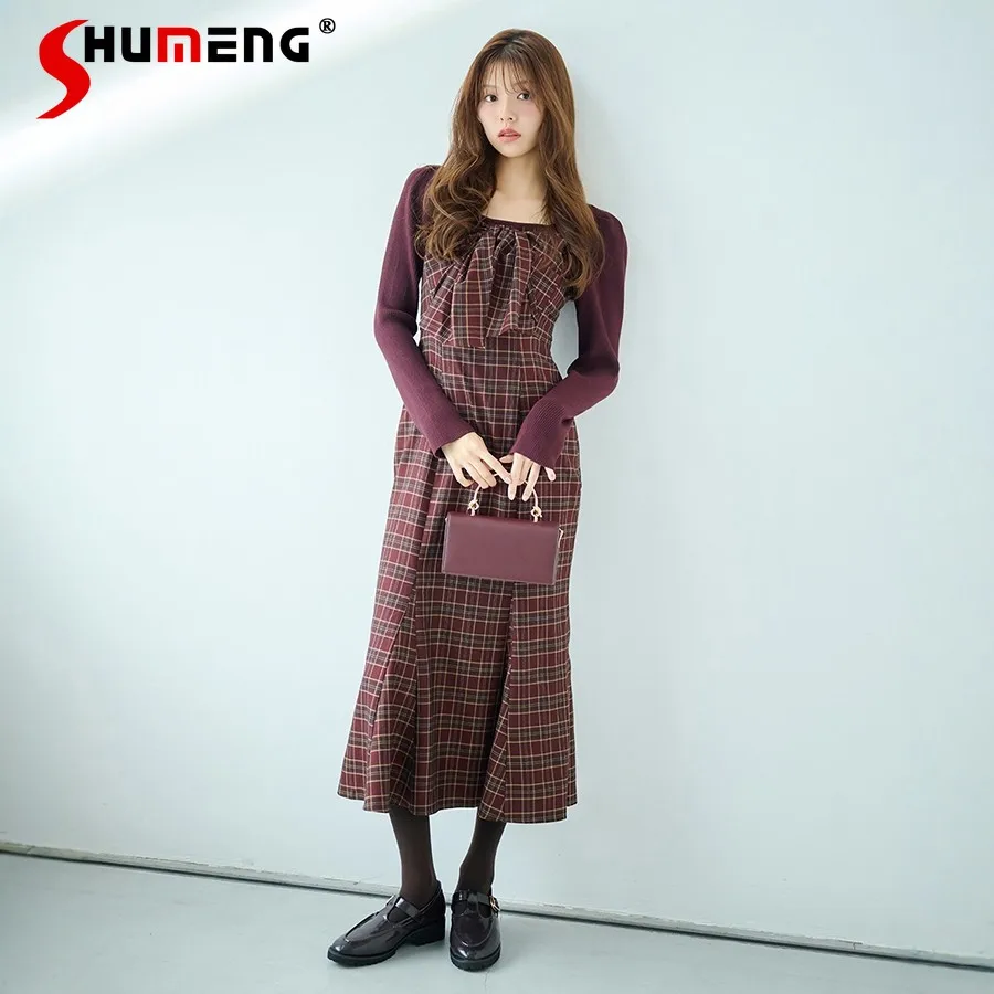 

2026 Spring Japanese Style Elegant Fashion 3D Bow Square Neck Knitted Long Sleeve High Waist Plaid Fishtail Long Dress for Women