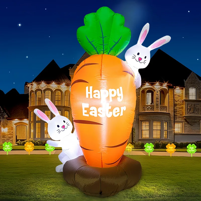 

Надувная пасхальная декорация - 1,5-метровая светящаяся морковка с кроликами, светодиодный светящийся надувной кролик для двора, газона, садовой вечеринки