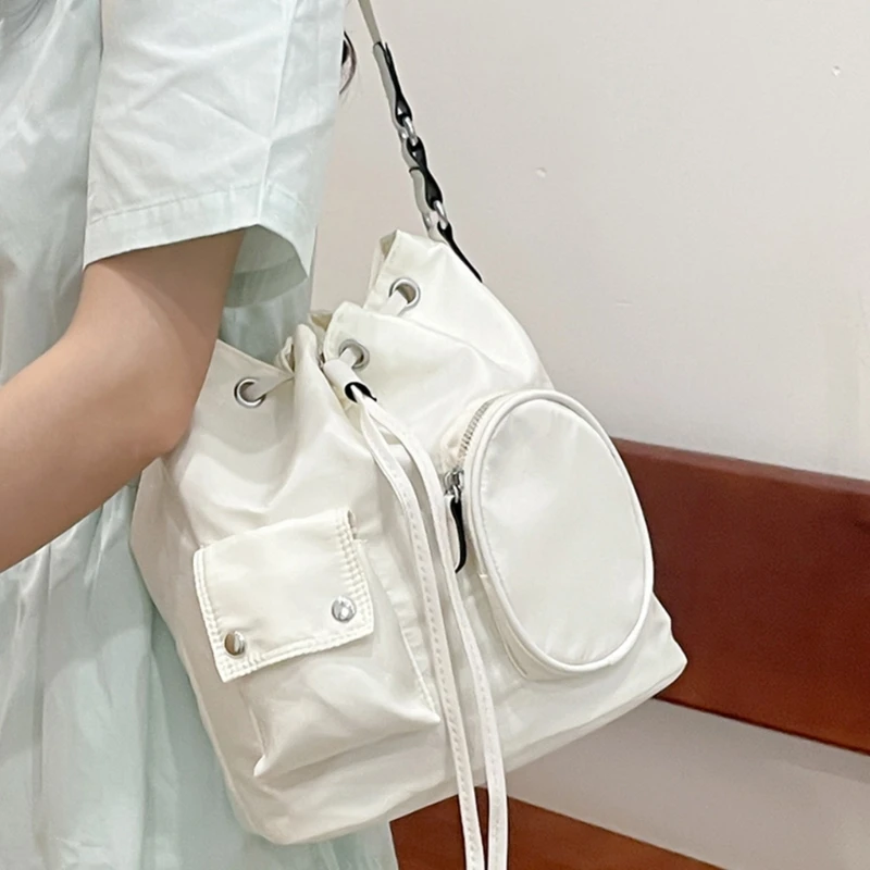 

Versatile Nylon Shoulder Bag with Drawstring Closure Women Crossbody Bucket Bag
