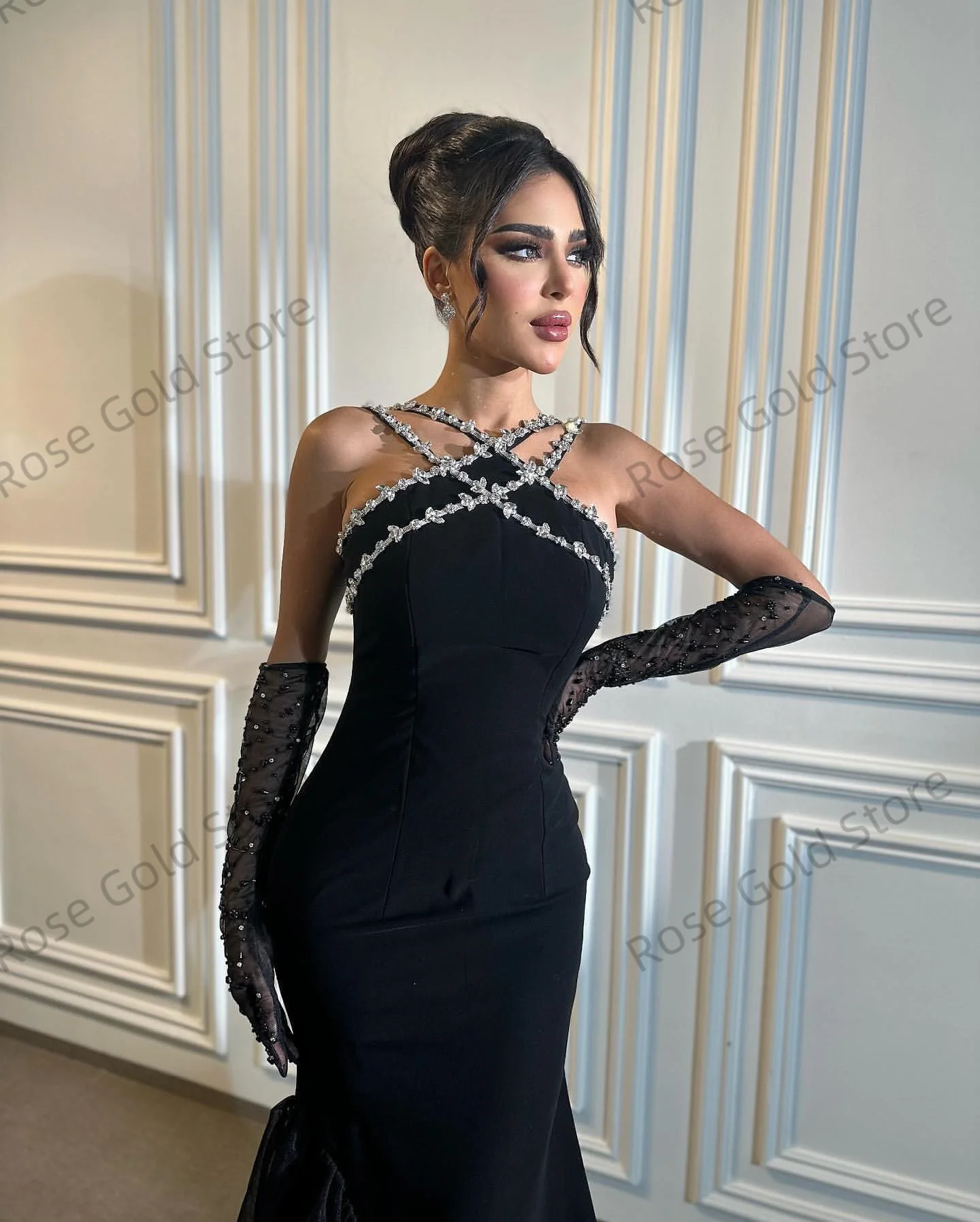 Sexy preto sereia vestidos de baile para mulheres halter beading formal vestidos de festa para cocktail personalizado plissados meninas vestidos de noite