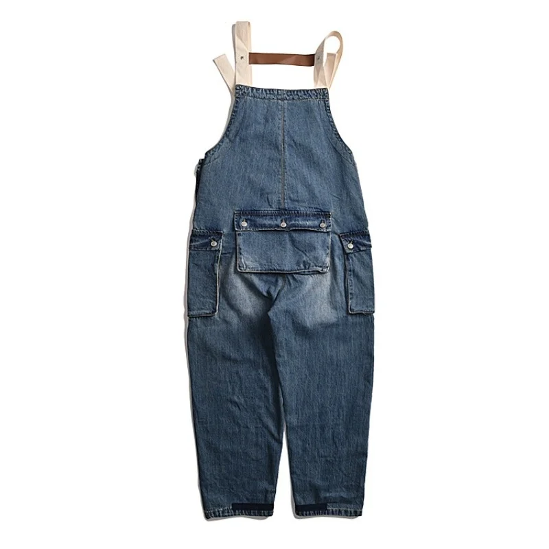 

Denim Overalls Men Distressed Washed Blue Cargo Pants Multi-pockets Casual Loose Trousers Amekaji Worker Jumpsuit