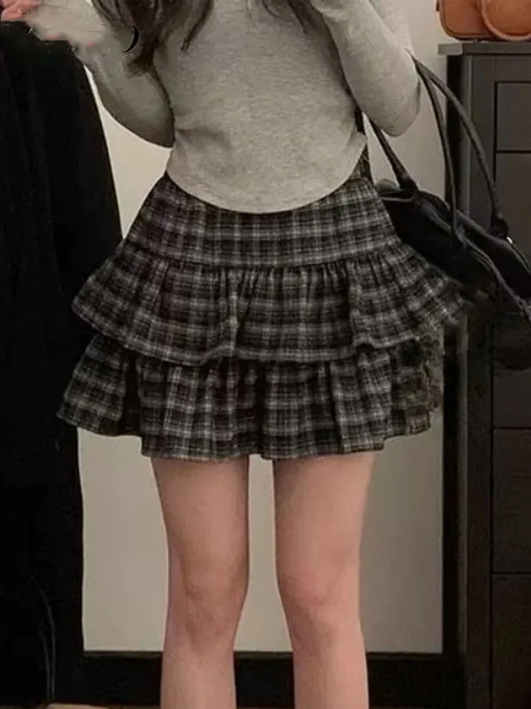 Women Skirts Contrast Color Striped Plaid Autumn Winter Fashion Ruffles Cake Mini Skirt Vintage Y2k Aesthetic Sweet