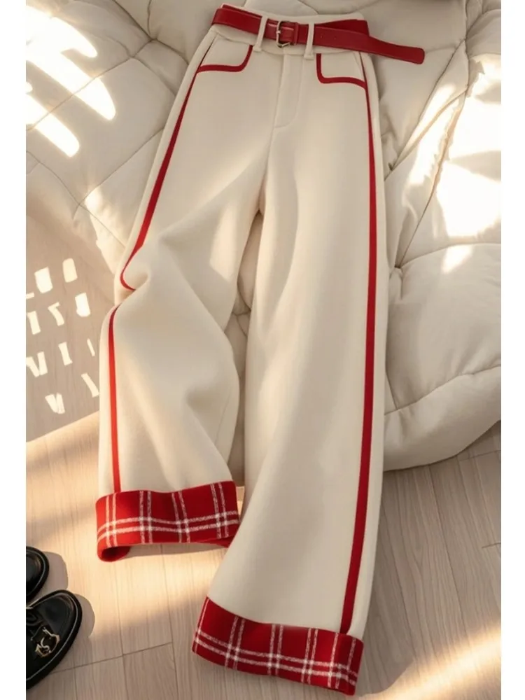High Waist Straight Leg Casual Pants Women's Winter Small Size Plaid Splicing Loose Fit Wide Leg Long Trousers Commute Style