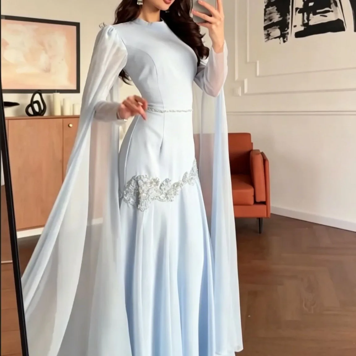 Long Dress Women Dresses Round Neck Cape Sleeve A Line Elegant Tight Waist Embroidery Beaded Y2k Streetwear Work Evening Summer