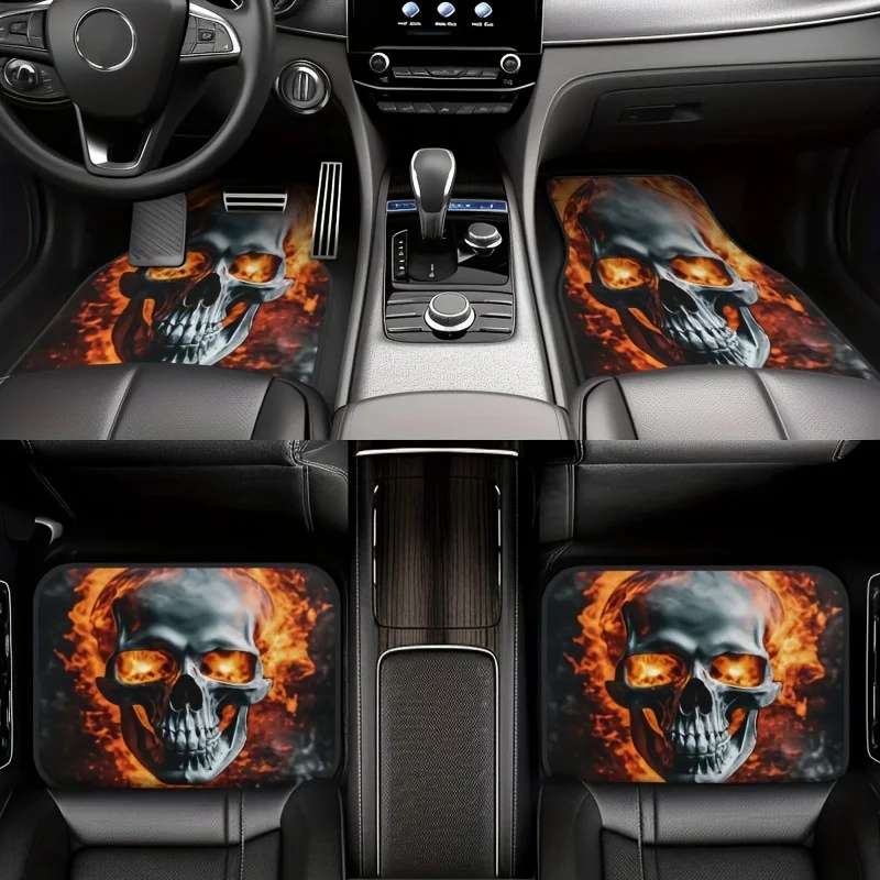 

4 шт. автомобильные коврики с дизайном пламенного черепа — прочная полиэстеровая нескользящая подошва, легко чистящиеся всепогодные коврики для седана, грузовика, SU