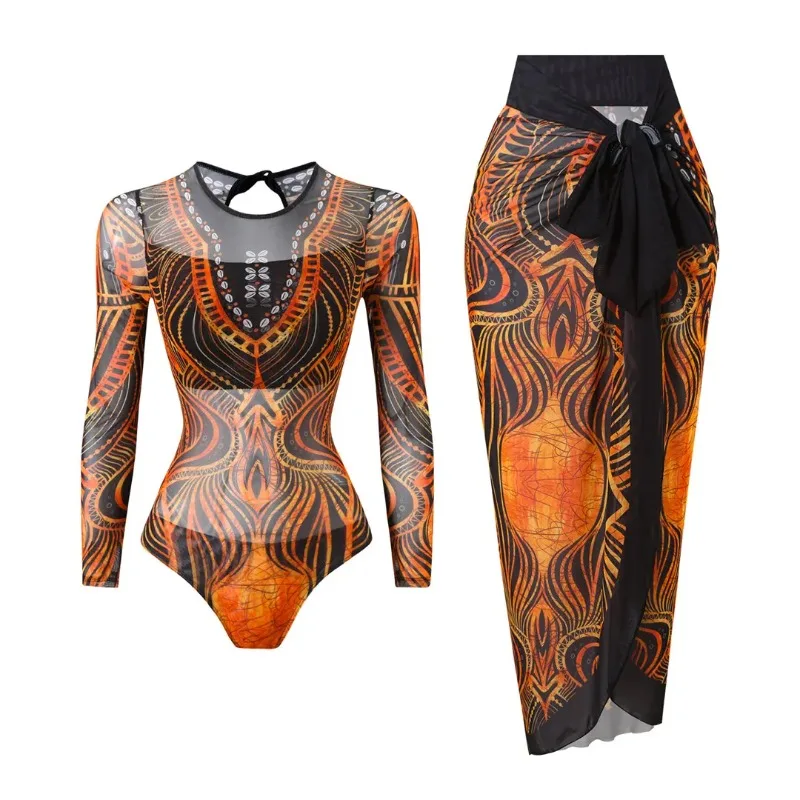 Vintage Print 2 Piece Swimsuit Women's Long Sleeve O Neck One Piece Swimsuit Bandage Cover Up Maxi Skirt Bathing Suit Beachwear