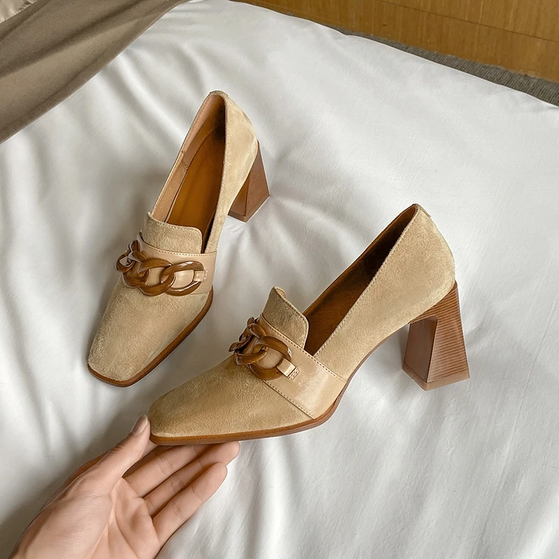 Women Pumps Natural Suede Leather Shoes Plus Size 2023 Spring Thick High Heels Genuine Leather Shallow Ladies Party Luxury Shoes