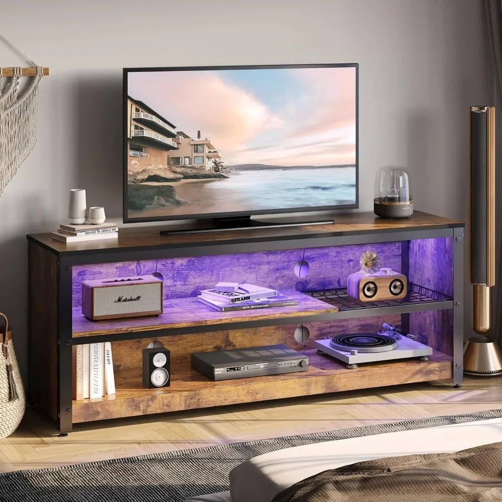 

LED TV Stand for 55/60 Inch TVs, Gaming Entertainment Center with Adjustable Shelves, Modern Industrial Media Console with Stor