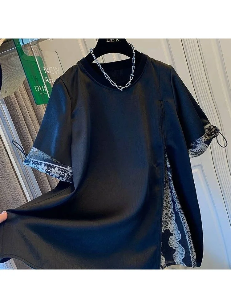 

plus Size 300 Pou 2025 Summer New Sle Super Beautiful Chinese Floral Acetate ort Sve T-irt Loose Women's irt