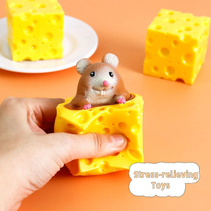 Cute Cheese Mouse Squeeze Stress Relief Toys TPR Elastic Cheese Spoofs Prank Decompression Squishy Toys