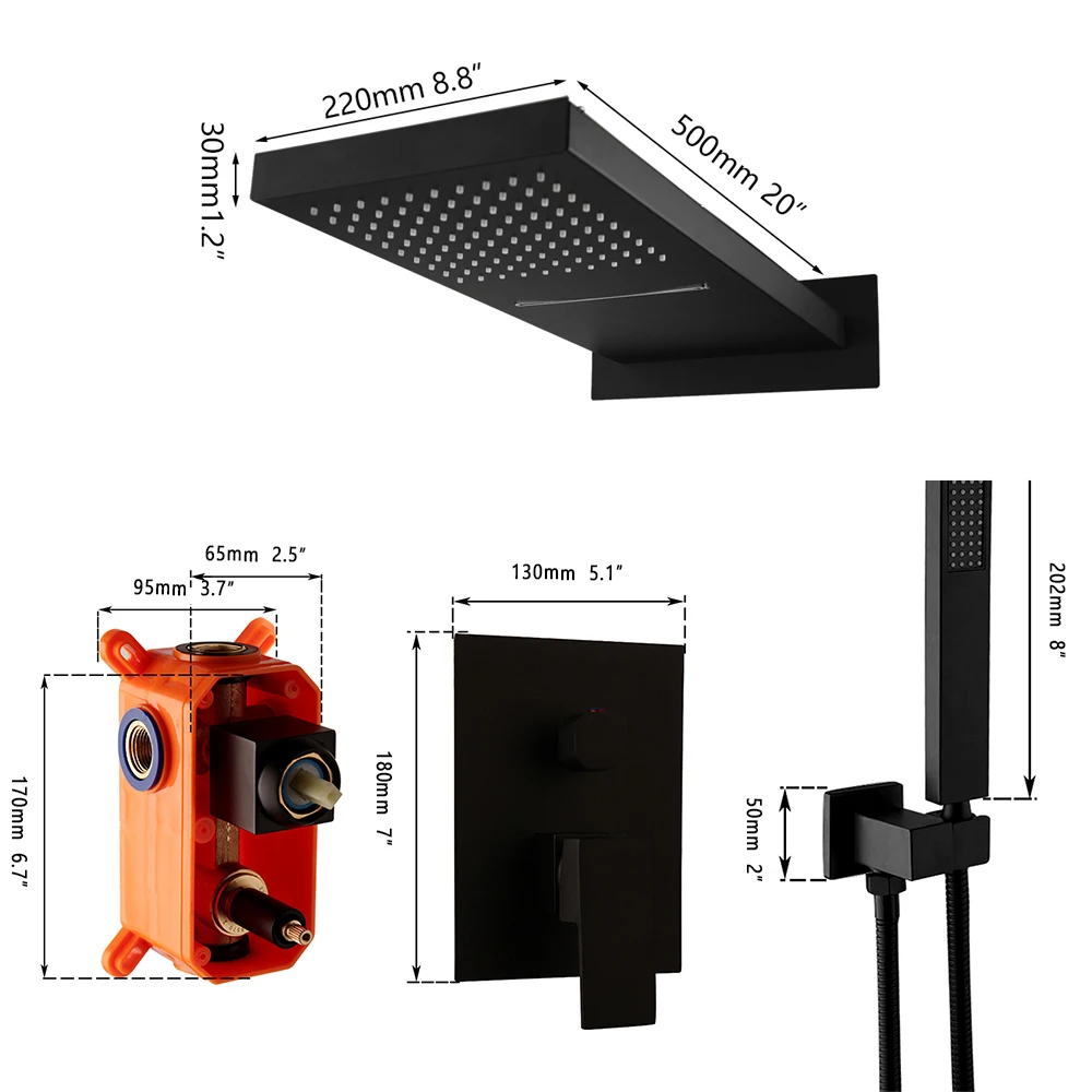 KEMAIDI Luxury Waterfall & Rain Shower System with Handheld Spray 22" Large Square Shower Set Wall Mounted Shower Valve Kit - Image 6