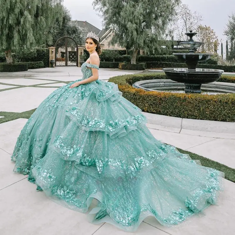 

Exquisite Quinceanera Dress with Appliques Layered Dress Sequins Off The Shoulder Pleat Vestidos De 15 Customised