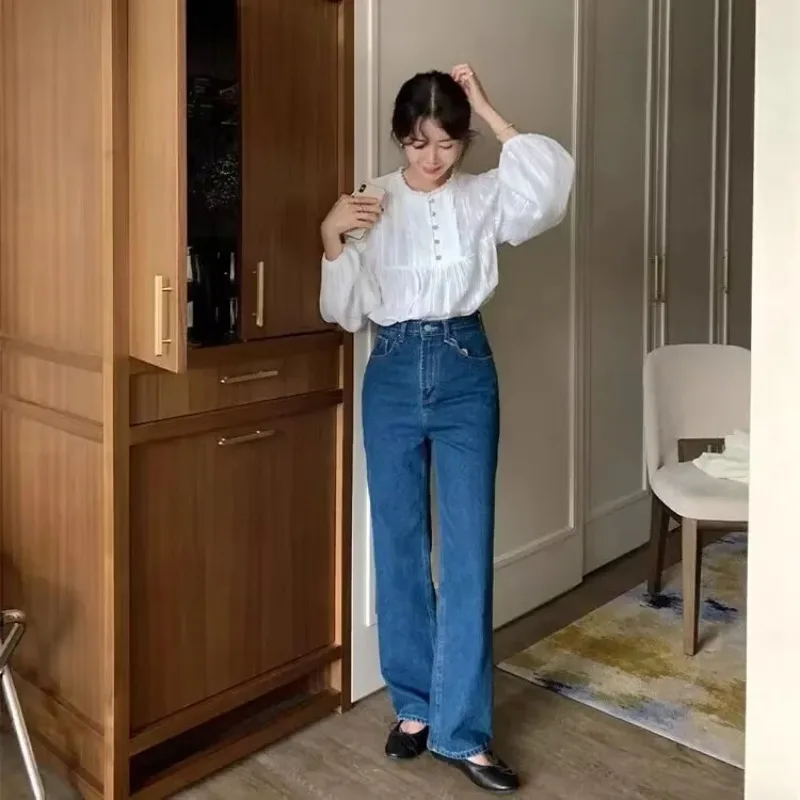 Com babados e bordado em torno do pescoço blusa feminina chique estilo coreano primavera temporada redução de idade vintage doce menina camisa